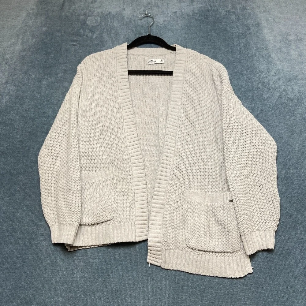 Hollister Cardigan Sweater Womens Medium Gray Open Front Chunky Knit Ribbed Hem